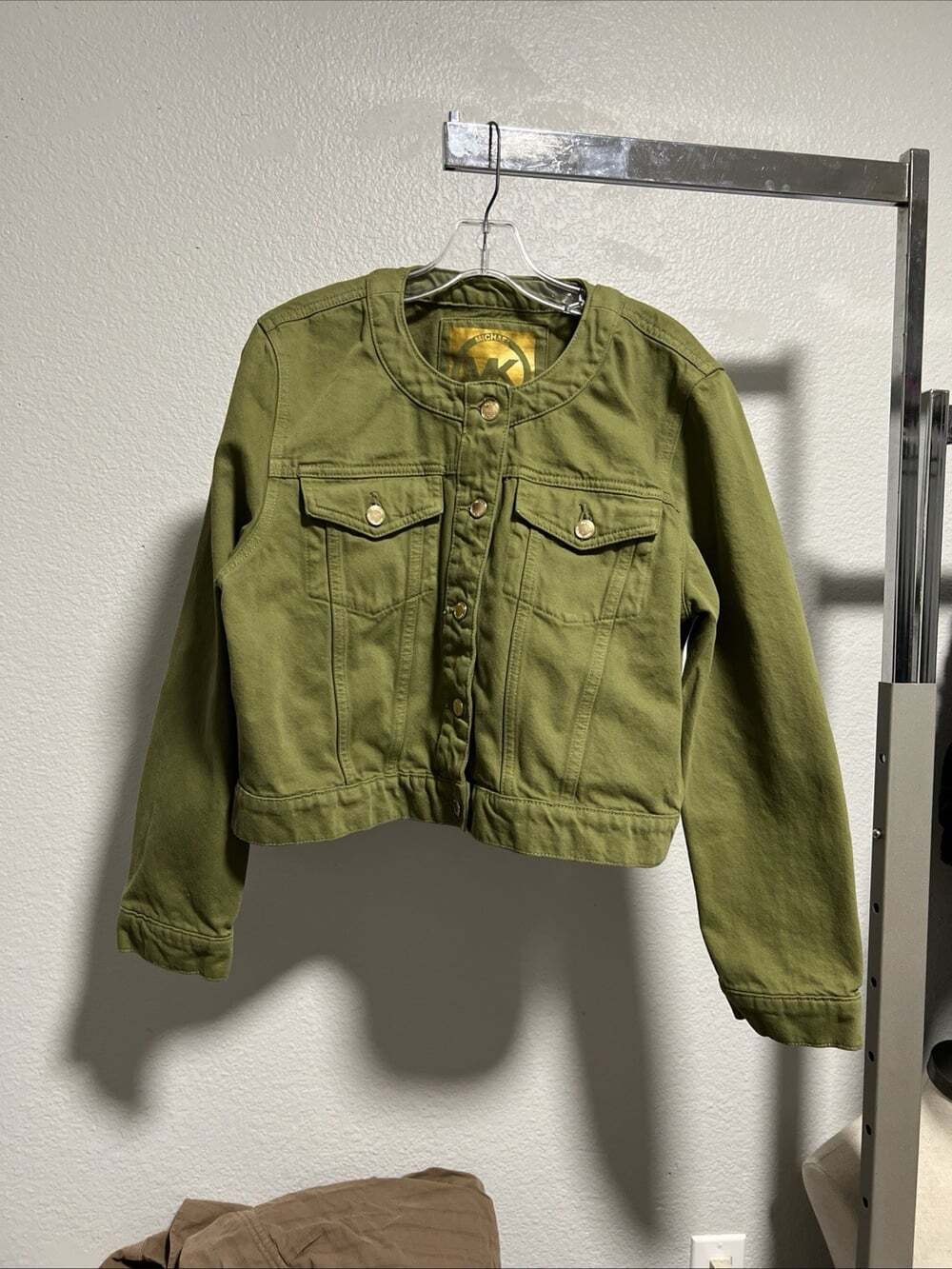 NWOT MICHAEL KORS Crop Button Denim Jean Jacket Smoky Olive Gold Details XL